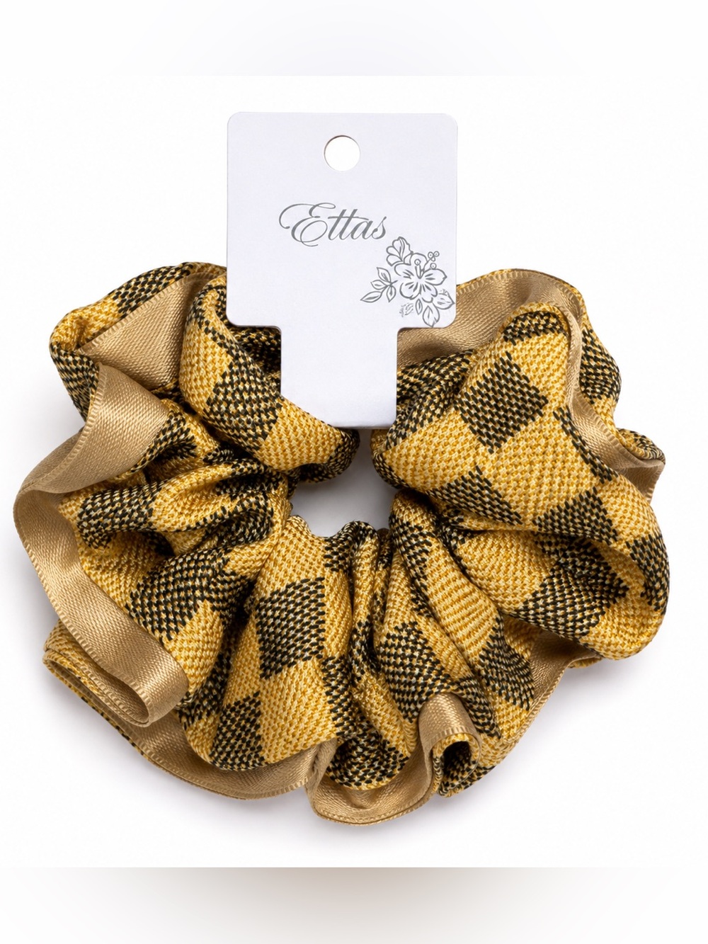 Ettas Mustard Black Plaid Satin Reversible Oversized Scrunchie NWT